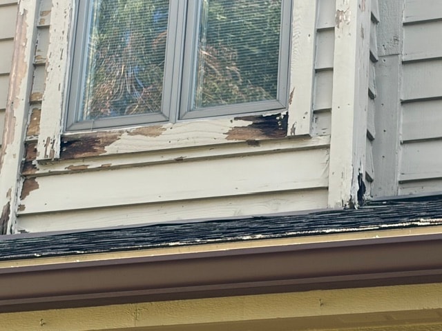Wood rot around a window frame and damaged gutter